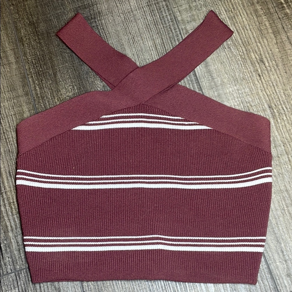 Babaton Sculpt Knit Burgundy and White Asymmetrical Cross Crop Tank Top
